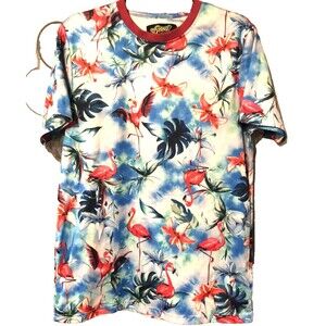Good Vibes Flamingo Tropical T Shirt Mens Medium Blue Floral Graphic Tee